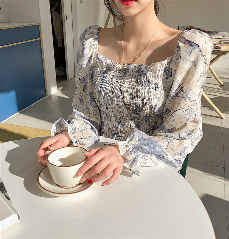 Korean style one-line collar fold design floral long-sleeved shirt women