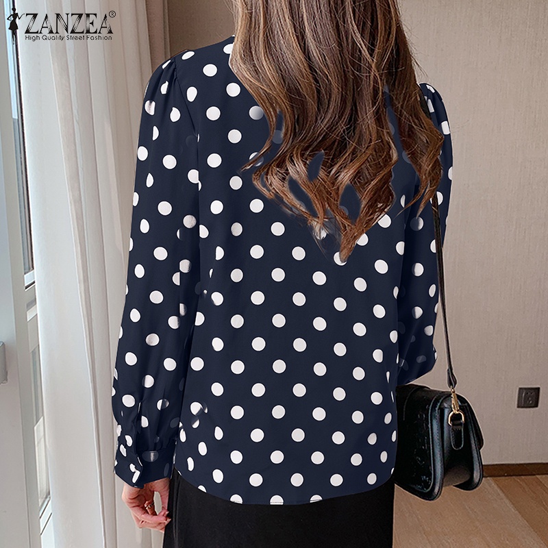Áo sơ mi ZANZEA tay dài cổ bẻ họa tiết chấm bi phong cách Hàn Quốc thanh lịch dành cho nữ