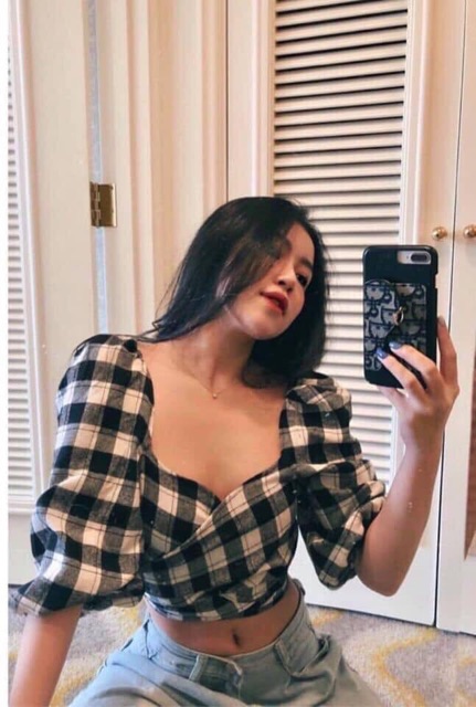 Áo caro đắp chéo cột nơ 2 màu xanh- đen