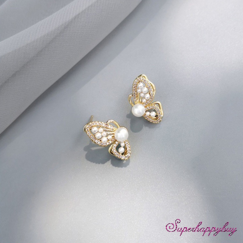 Bông Tai Mạ Bạc Hình Bướm Đính Ngọc Trai Đơn Giản Chất Lượng Cao