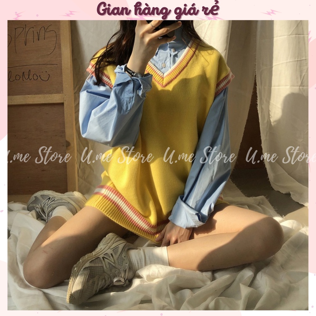 Áo Gile len Ulzzang nữ oversize Hàn Quốc giá rẻ dáng rộng cổ chữ v kèm mác ngực
