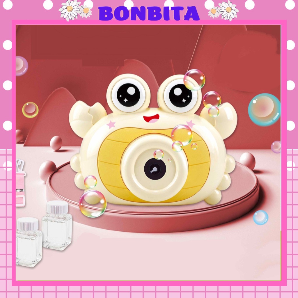 Máy ảnh thổi bong bóng tự động có đèn có nhạc kèm xà phòng và dây đeo hình con cua ngộ ngĩnh