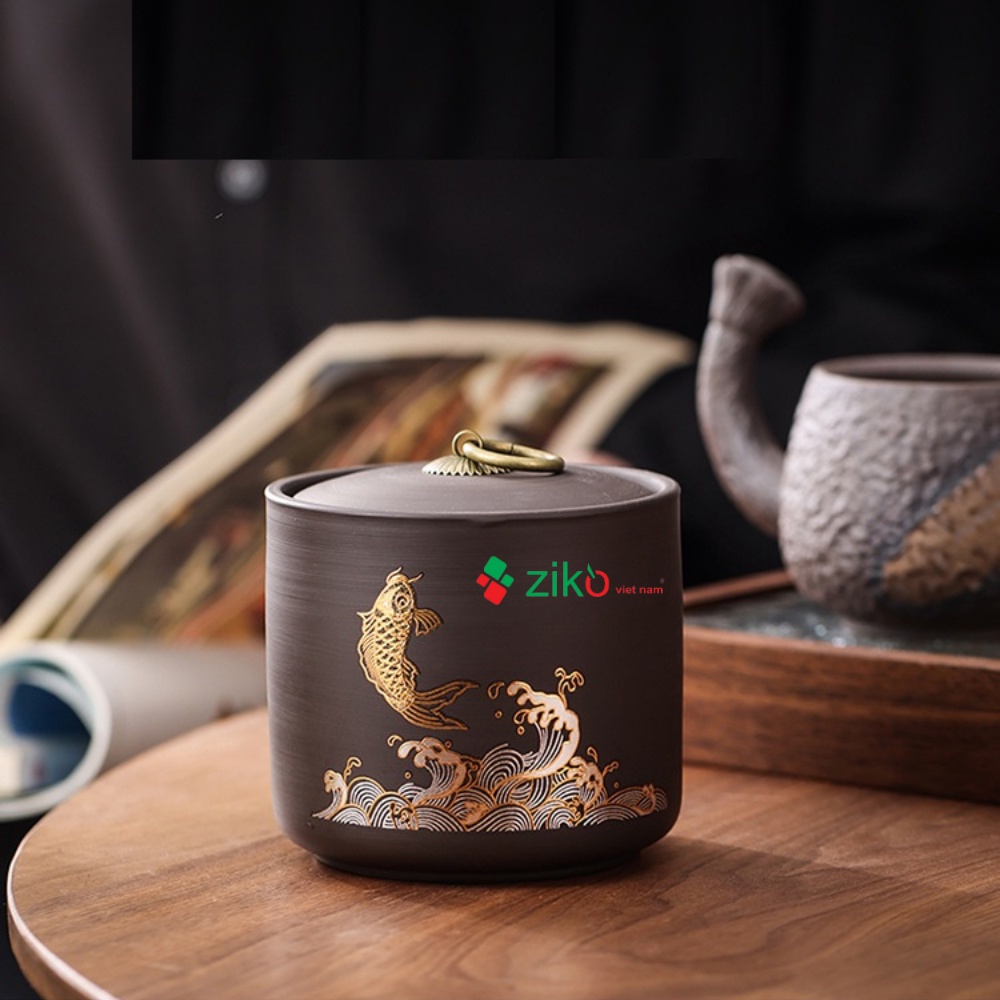Hũ, Bình đựng trà tử sa  hoa văn con cá con hươu