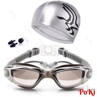 Bộ kính bơi mắt tráng GƯƠNG màu XÁM 6615 - gồm MŨ BƠI, Bịt tai kẹp mũi cao cấp - POKI