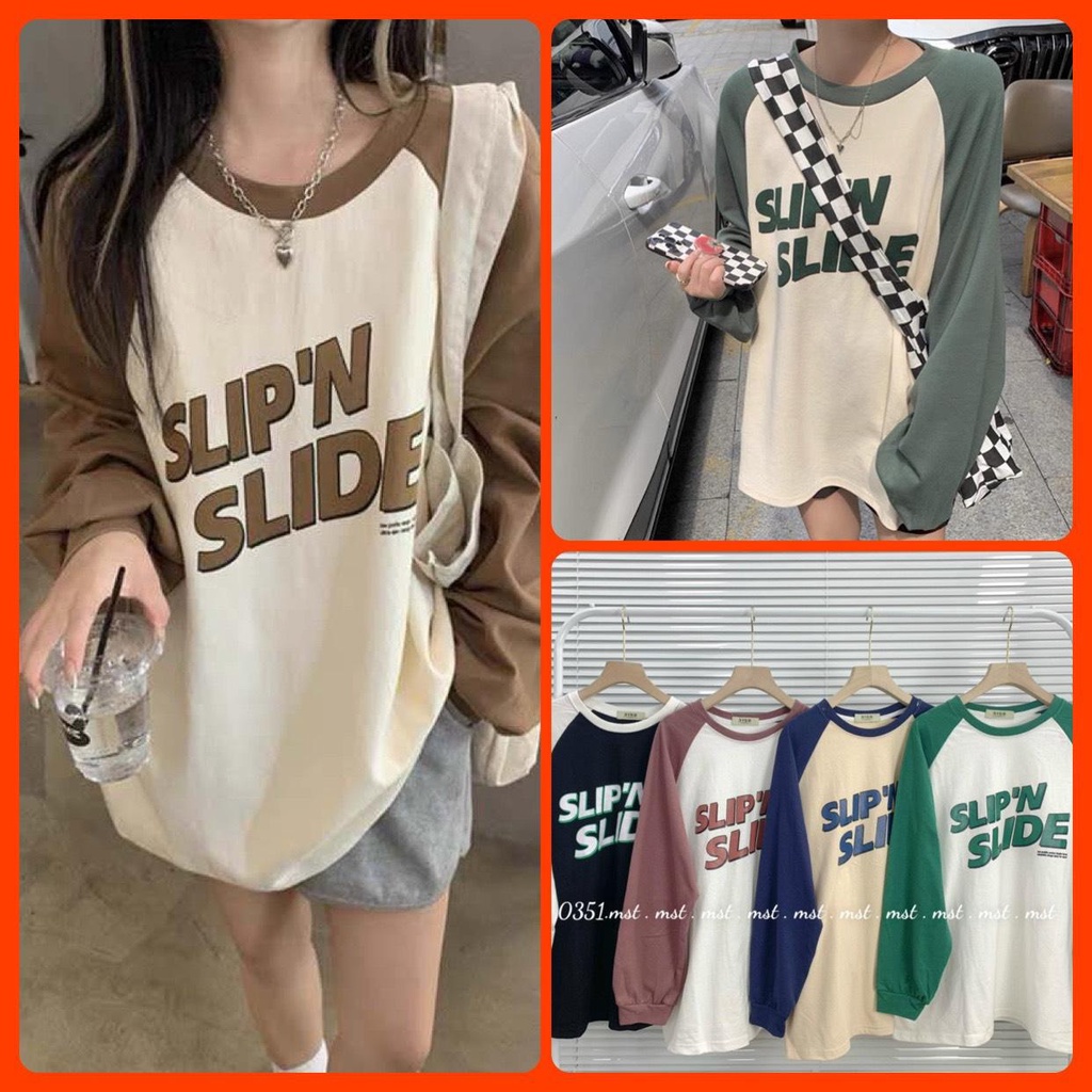 Áo thun cotton dài tay phối màu in chữ SLIP'N SLIDE 0351 A8002N Nhung Nhớ