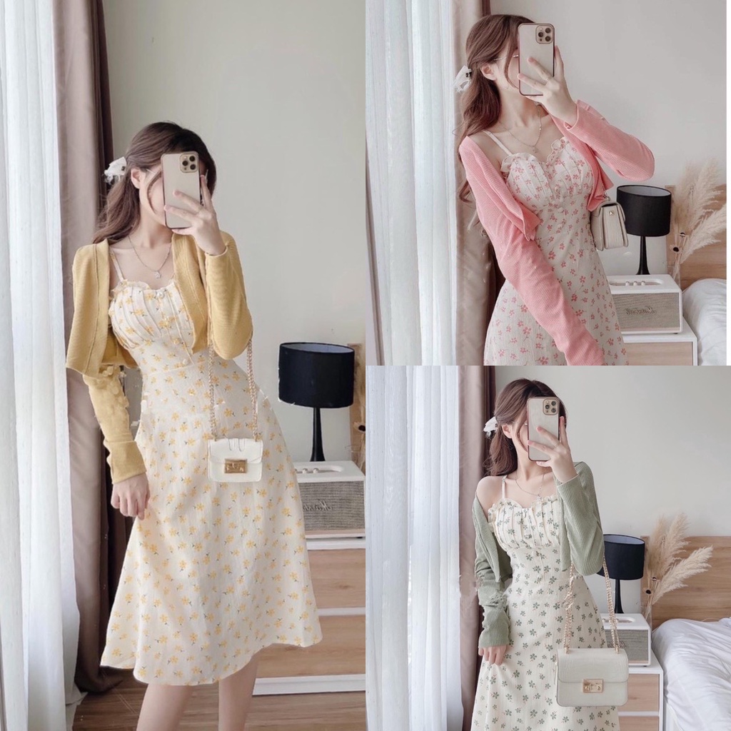 Đầm Hai Dây Hoa Kết Hợp Áo Khoác Cadigan Len Xốp - SIKY VH08