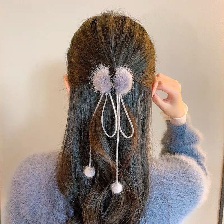 Kẹp tóc nơ phối lông tua rua phong cách Hàn Quốc dành cho nữ