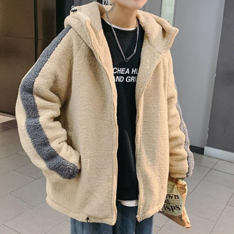 Áo khoác lông cừu tay dài dáng rộng có khóa kéo kiểu Hàn phong cách mùa đông thanh lịch thoải mái dành cho nam