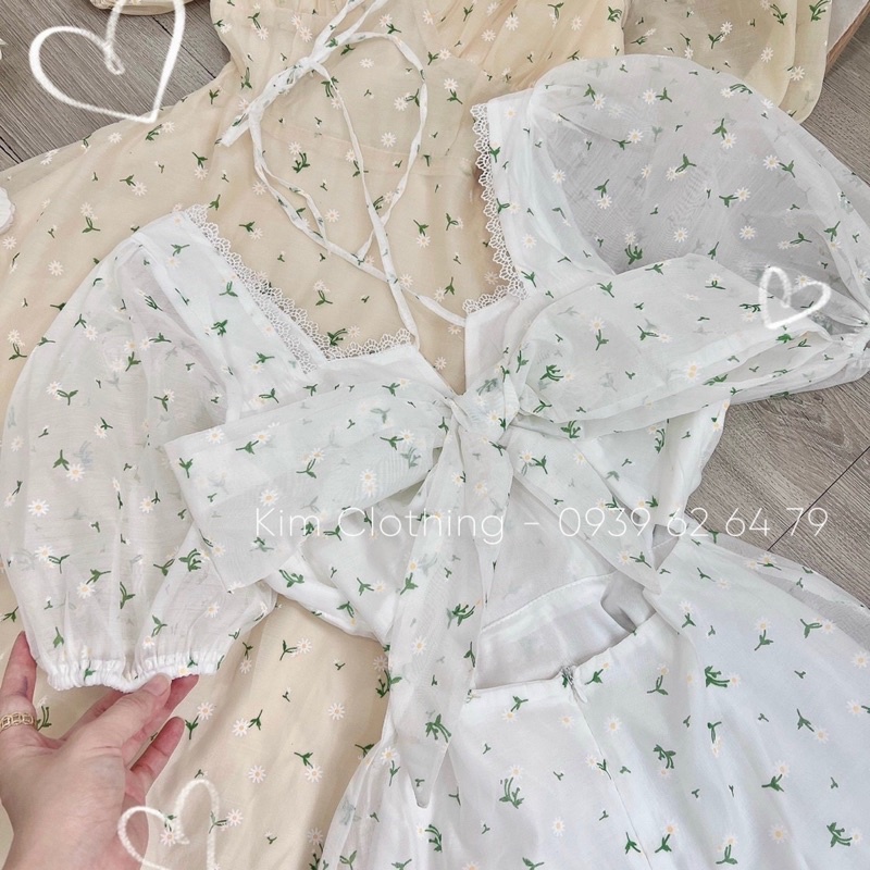 [Hàng sẵn - Hình thật] Đầm hoa tơ lụa tay bồng dáng maxi xoè nơ lưng sang chảnh