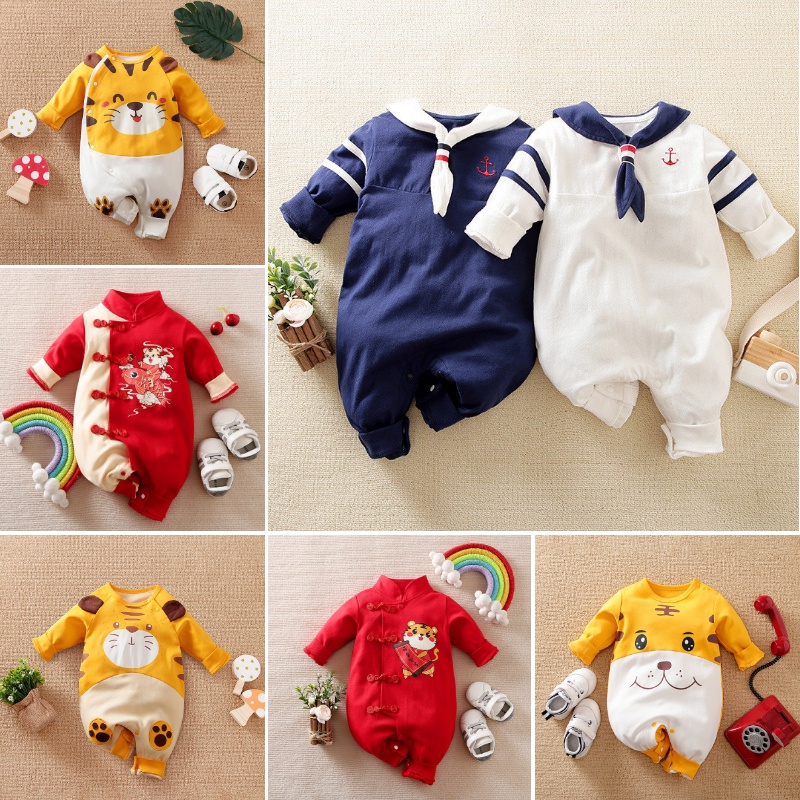 Bộ Áo Liền Quần Vải Cotton Tay Dài In Hình Hổ Hoạt Hình Dành Cho Bé Trai 0-18 Tháng Tuổi