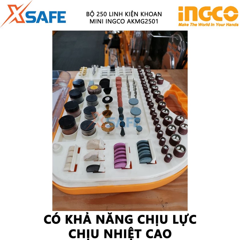Bộ 250 linh kiện khoan mini INGCO AKMG2501 Bộ phụ kiện khoan mini 250 món, đóng gói hộp nhựa chắc chắn - [XSAFE]