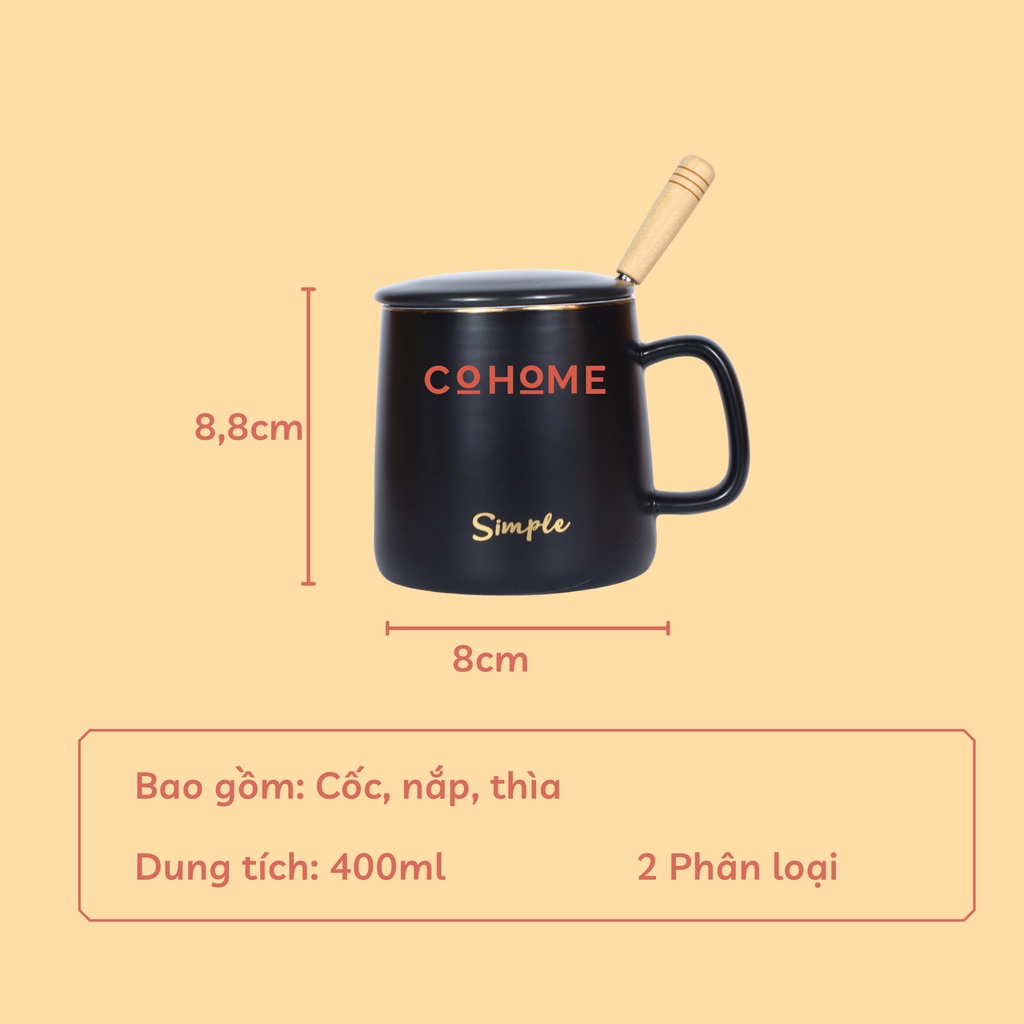 Cốc sứ uống nước có nắp Simple Sunny trắng đen cao cấp 400ml, cốc gốm sứ có quai cầm kèm thìa