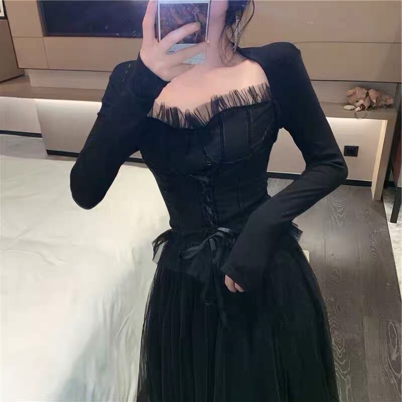 Set áo cúp ngực đan dây bụng+chân váy von xoè dài tiểu thư huyền bí