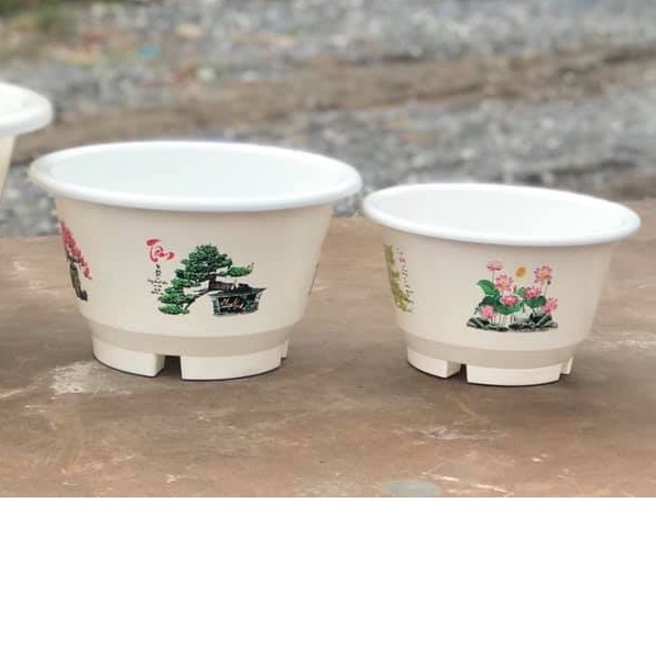 (30x17cm) Chậu nhựa tròn loe có chân in họa tiết hoa 3D siêu đẹp, dày dặn, không phai (LDM30)