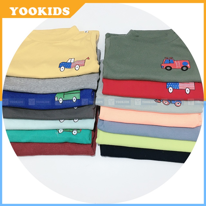 Áo giữ nhiệt cho bé YOOKIDS cổ 3 phân cotton co giãn 4 chiều in hình họa tiết ô tô cần cẩu, Áo giữ nhiệt bé trai bé gái