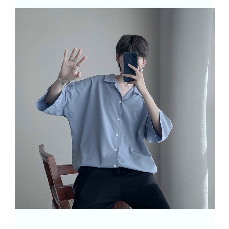 Áo sơ mi form rộng cổ vest cổ ve tay ngắn unisex nam nữ form hàn quốc vải lụa mềm mịn mát,không nhăn VRN01 từ 40-90kg