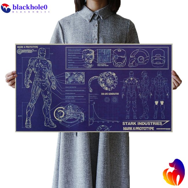 DLKKLB Vintage Movie Poster Iron Man Design Drawings Nostalgic Hero Retro Kraft Paper 51x29cm Decoration Wall Sticker