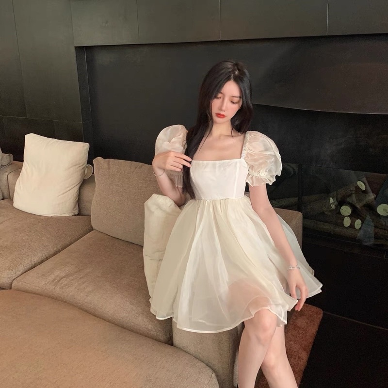 Váy babydoll nữ tay phồng Cổ vuông- Đầm công chúa tiểu thư dáng xoè chất voan 2 lớp bồng bềnh phong cách hàn quốc ULZZAN