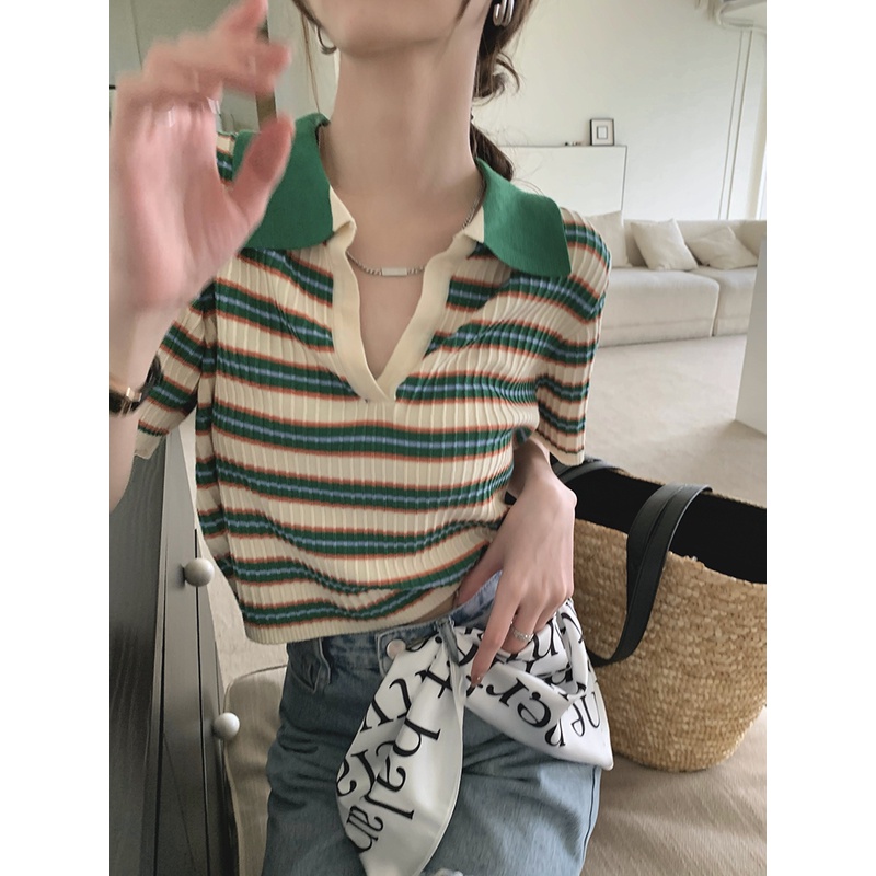 Xiaozhainv Áo Croptop Dệt Kim Tay Ngắn Hoạ Tiết Kẻ Sọc Phong Cách Vintage