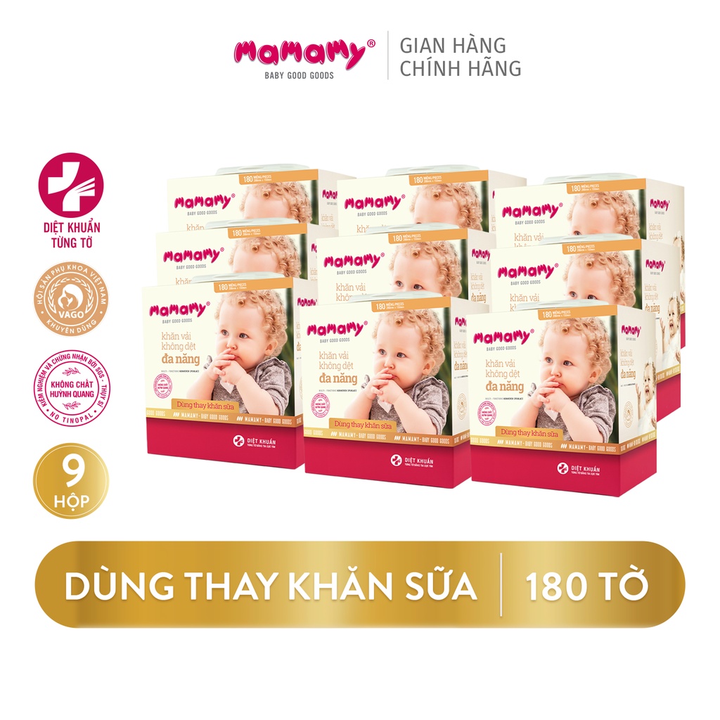 Combo 9 hộp Khăn khô đa năng Mamamy 180 tờ/hộp, an toàn cho bé