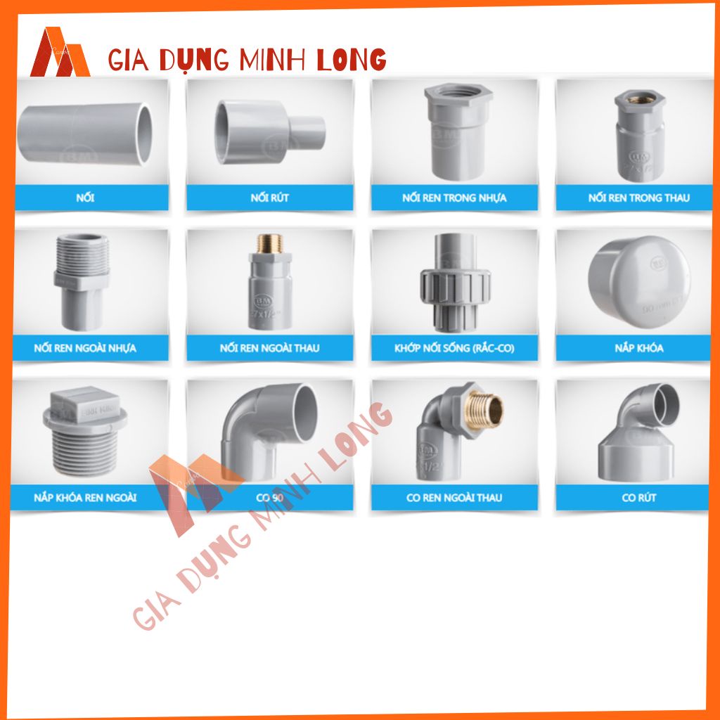 Phụ kiện ống nhựa phi 21 đến 60- co, nối, tê, lơi, co nối rút, co 3 góc, chính hãng Bình Minh