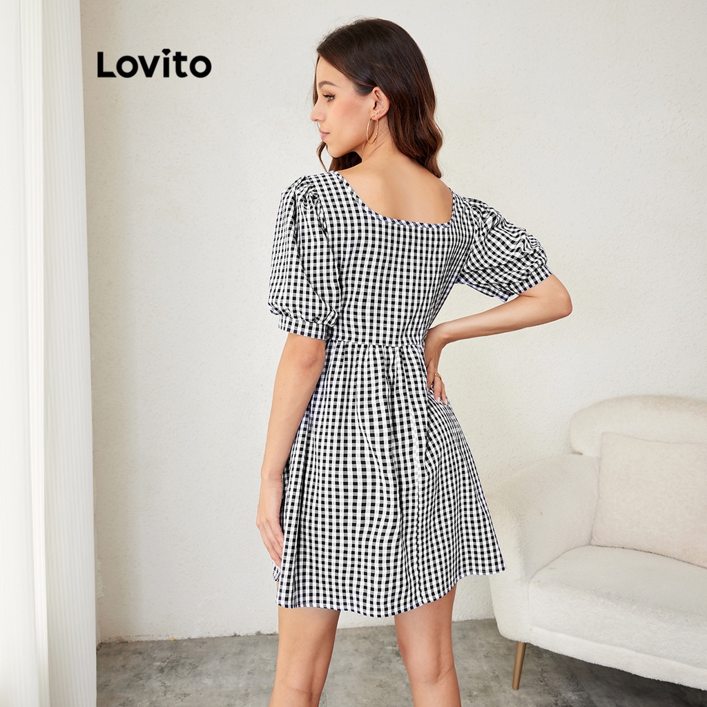 Lovito Đầm tay phồng cổ vuông giản dị Gingham L24LD012 (Đen trắng)