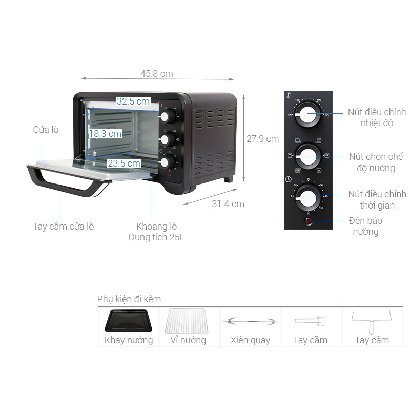 Lò nướng Sanaky VH-259S2D (Đen) / VH-259N2D (Vàng) 25 lít - VH259S2D / VH259N2D - 1380W