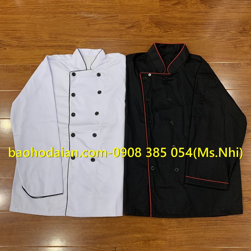 Áo đầu bếp dài tay vải kaki thoáng mát phối viền đen sang trọng