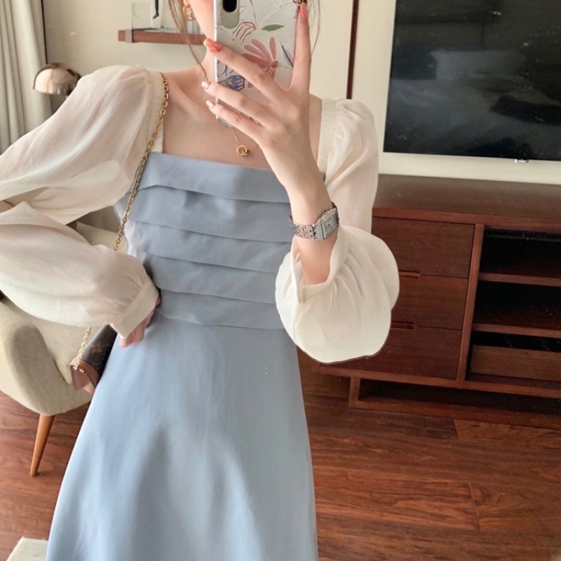 Đầm chiết eo Perty màu xanh lam phong cách Hàn Quốc thời trang mùa hè cho nữ