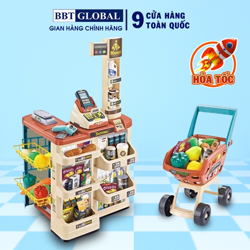 Đồ chơi siêu thị cỡ lớn cao cấp BBT Global 668-78, có hiệu ứng âm thanh, giỏ siêu thị, máy tính tiền, giá kệ, thực phẩm