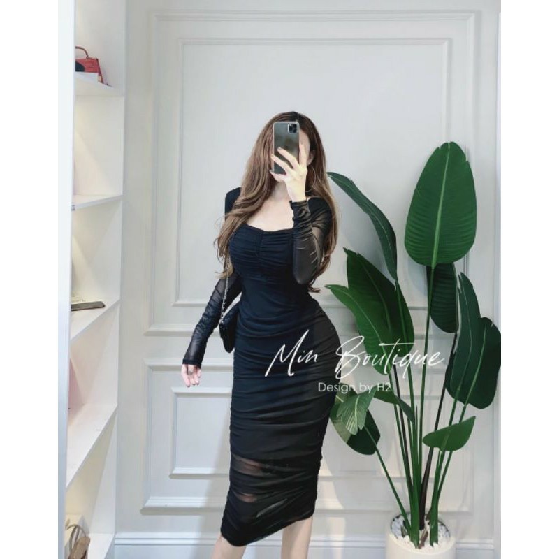 BÁN SỈ VÁY BODY LƯỚI RÚM CỔ VUÔNG 2 MÀU ĐEN NUDE CHO NỮ | BigBuy360 - bigbuy360.vn