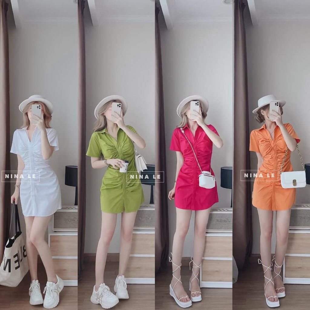 Đầm Body Cổ Sơ Mi Nhún Nút Dọc Xinh Xắn