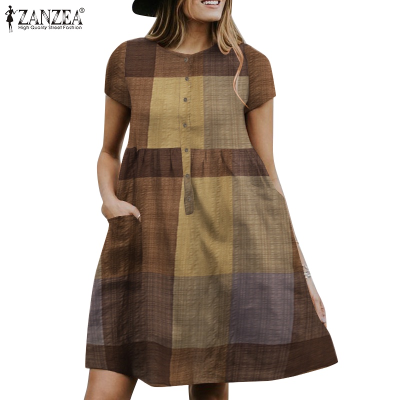 Đầm Zanzea nhỏ tay ngắn cổ tròn họa tiết caro phong cách Châu Âu retro dành cho nữ