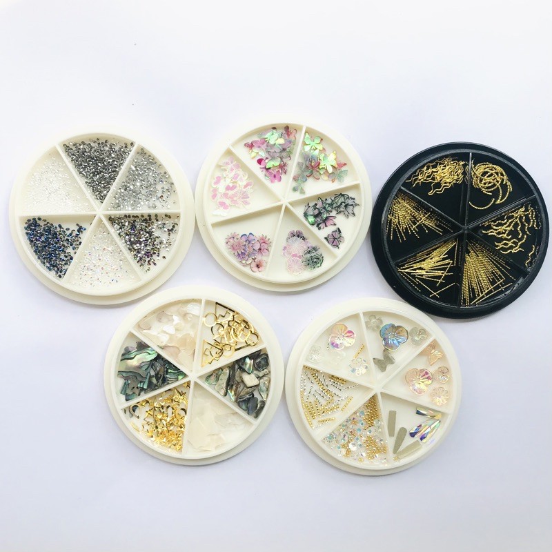 Phụ kiện nail đá rắc, hạt charm, xà cừ, bướm trang trí móng