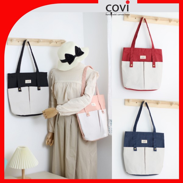 Túi vải canvas, túi tote đựng giấy A4 phom đứng phối 2 nút trước thời trang COVI nhiều màu sắc T8