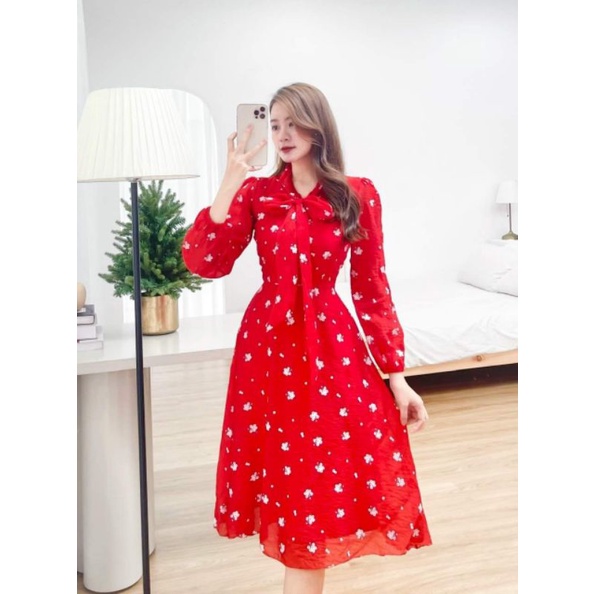 ĐẦM MIDI HOA ĐỎ NƠ CỔ