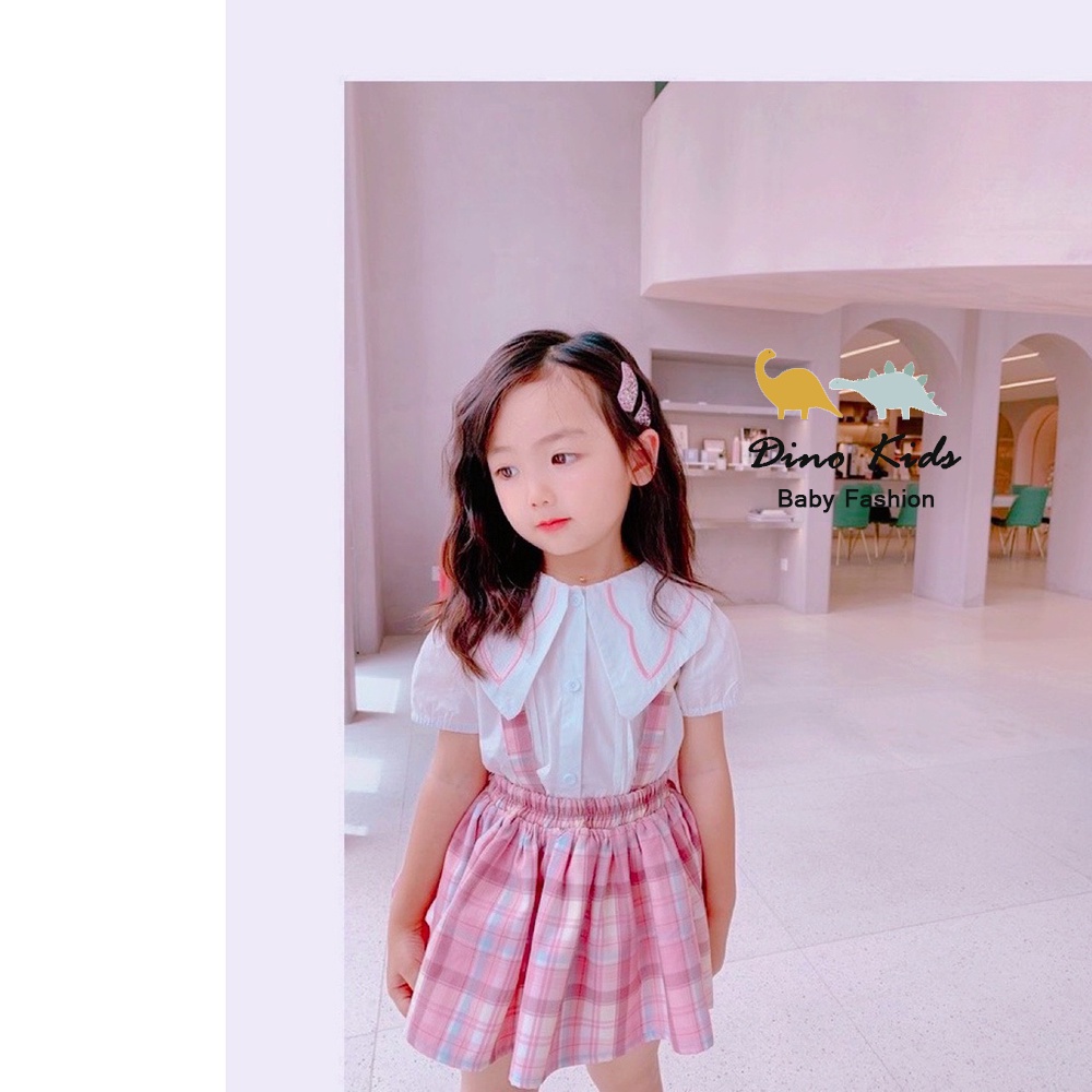 Đồng phục học sinh, váy kẻ hồng kèm áo sơ mi trắng cổ bản to xinh xắn cho bé