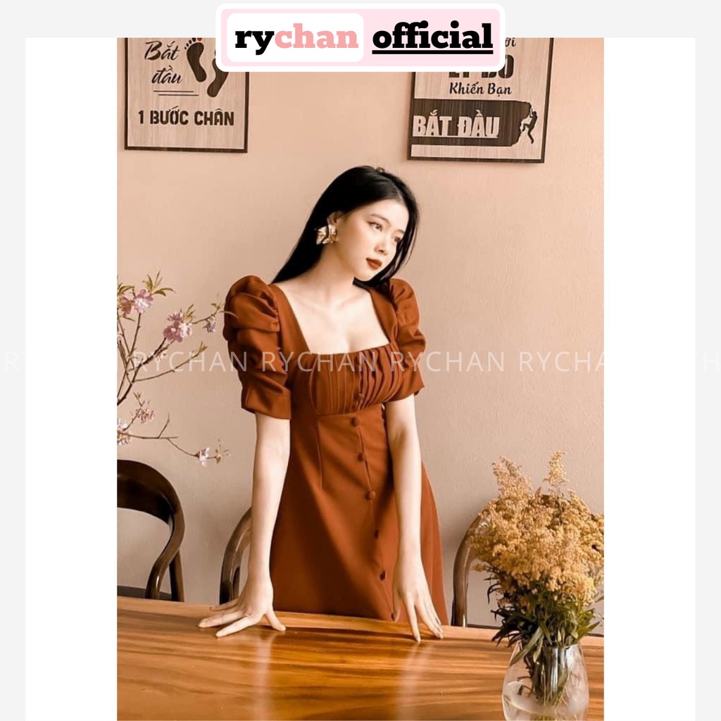 Đầm Xòe Midi Cổ Vuông Nút Bọc Tay Phồng 2 Màu [Ảnh Thật Cuối] - DX9997