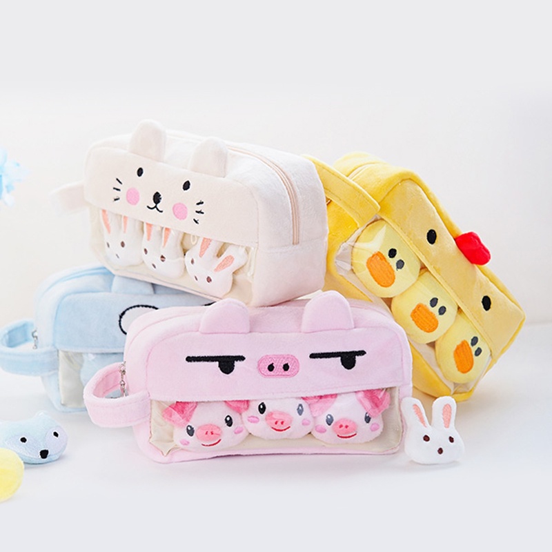 Túi Đựng Bút Trong Suốt Họa Tiết Hoạt Hình Phối Lông Nhung Xinh Xắn
