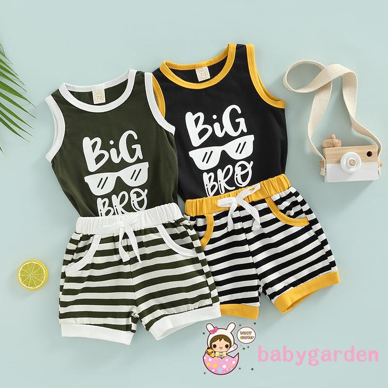 Bộ Áo Sát Nách Cổ Tròn In Chữ + Quần Short Kẻ Sọc Thời Trang Mùa Hè Cho Bé Trai 0-3 Tuổi