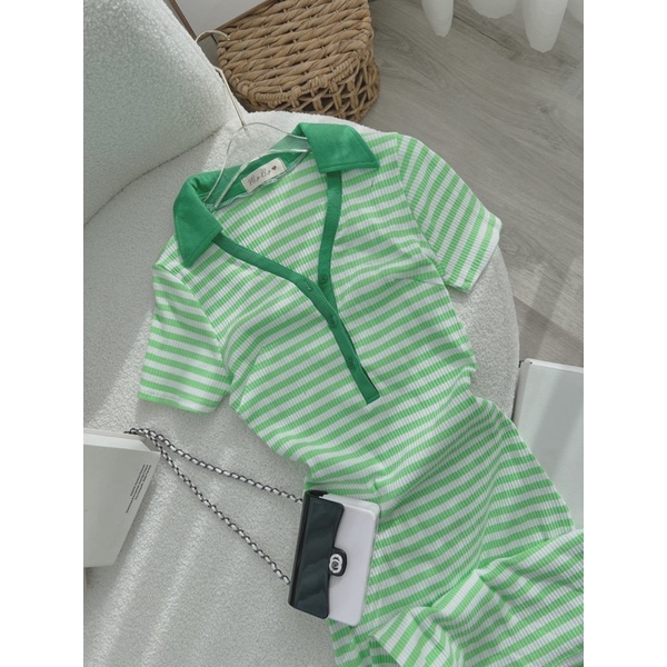 ĐẦM MIDI BODY SỌC XANH CỔ POLO
