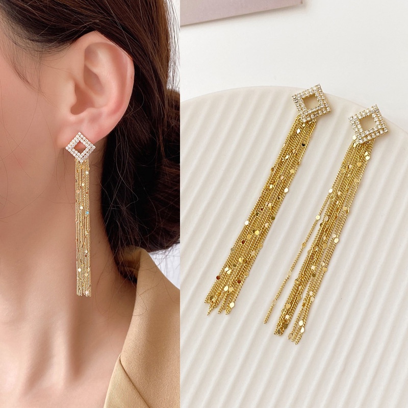 Bông Tai Hình Học Dáng Dài Đính Kim Cương Nhân Tạo Toàn Diện Phong Cách Hàn Quốc