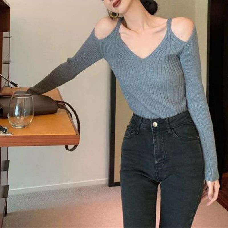 Áo Thun Sweater Tay Dài Hở Vai Phong Cách Đơn Giản Dễ Phối Đồ Cho Nữ