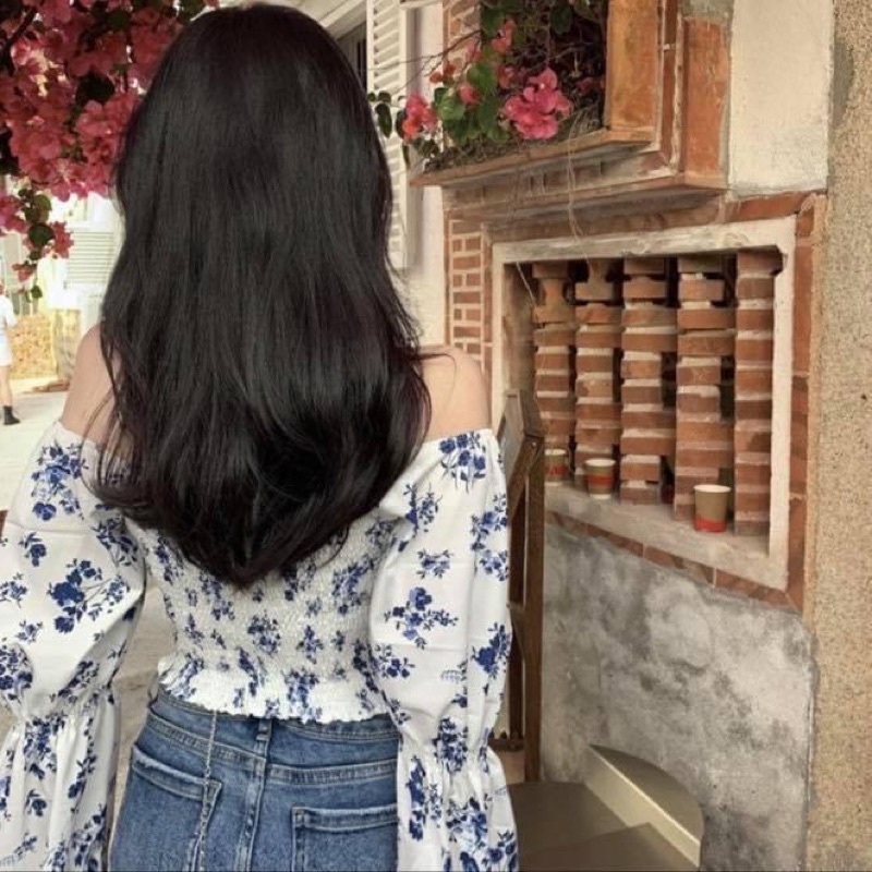 Áo kiểu trễ vai tay dài phồng nữ hoa nhí croptop dây rút ngực - Order taobao quảng châu