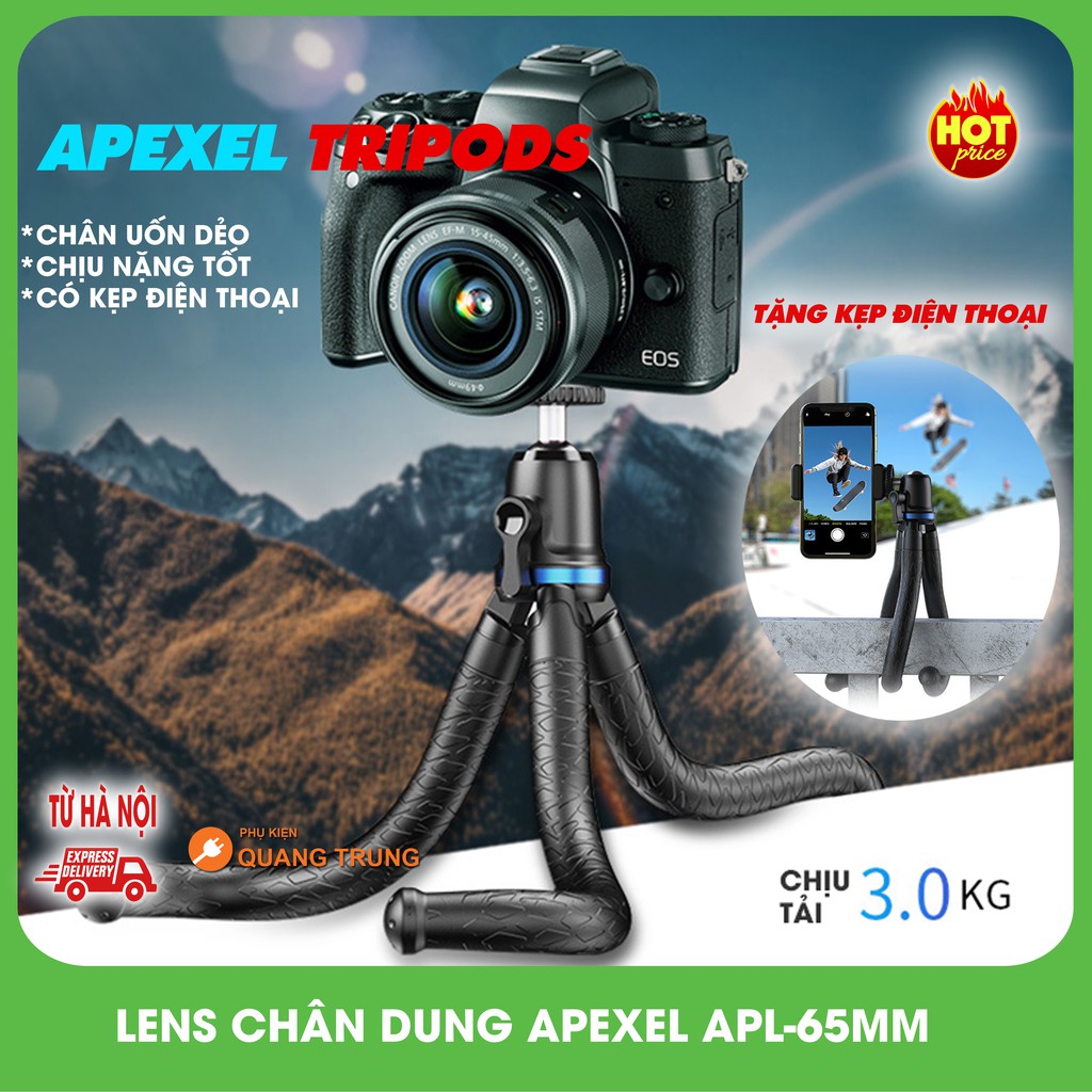 Tripod Apexel JJ10 giá đỡ điện thoại,máy ảnh,chân uốn dẻo tiện lợi|Tặng kẹp điện thoại