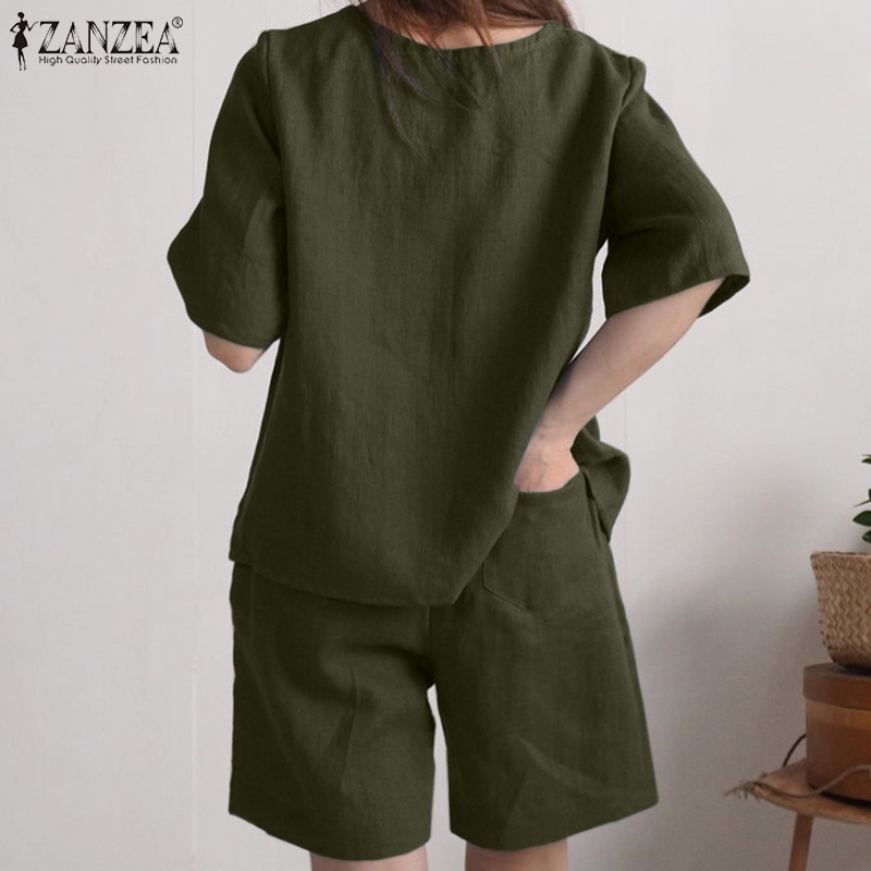 Zanzea Set Áo Thun Tay Lỡ Cổ Tròn + Quần Short Thời Trang Cho Nữ