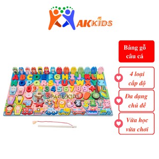 Đồ chơi câu cá nam châm, đồ chơi câu cá gỗ, bảng gỗ câu cá và ghép hình học, chữ số, chữ cái thông minh Aka Kids