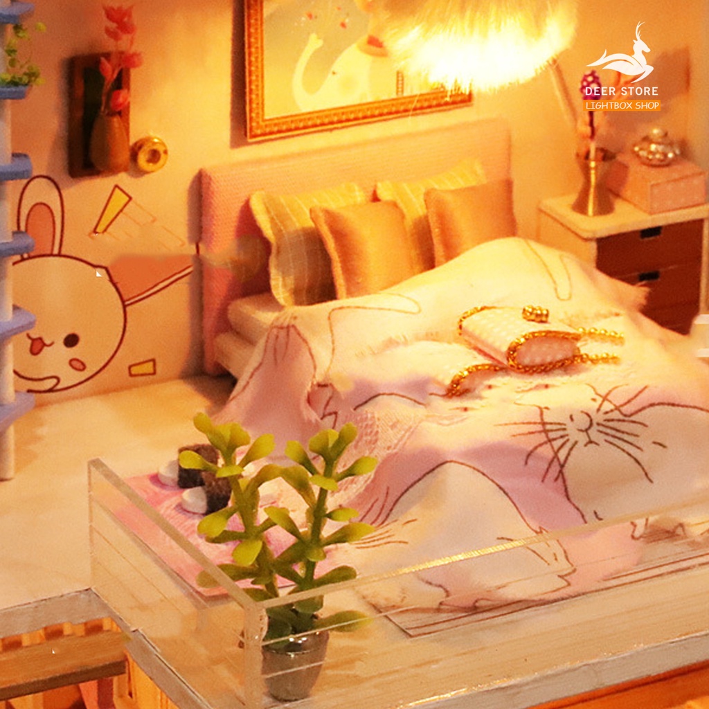 Nhà búp bê tự làm bằng gỗ DIY | Tặng DỤNG CỤ và 2 BÌNH KEO DÁN. Mô hình nhà Meet The Hour có nội thất và đèn led. P005