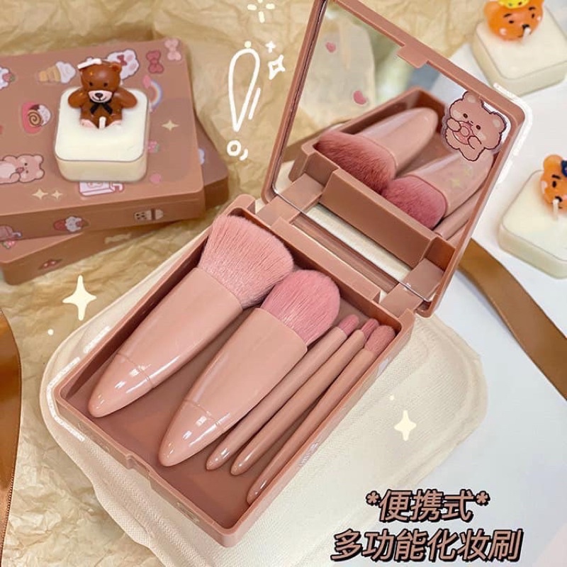 Bộ cọ trang điểm makeup cá nhân 6 món màu hồng Vintage hộp gương