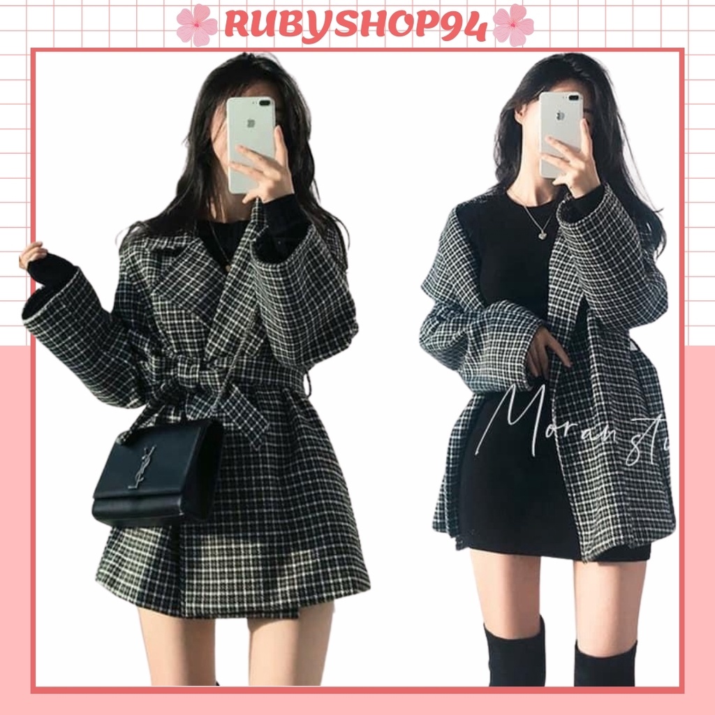 Áo Blazer nữ 2 lớp tay dài Hàn Quốc khoác ngoài đẹp, Áo vest nữ dạ kẻ caro kèm đai cực xinh - Hàng n